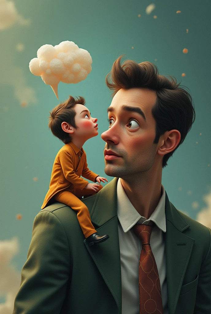 surréaliste.  un petit doigt de la main,  imaginaire est assis sur l'épaule d'un homme pour lui  parler à l'oreille pour lui dire un secret. humoristique. écrire : " c'est mon petit doigt qui me dit tout " 