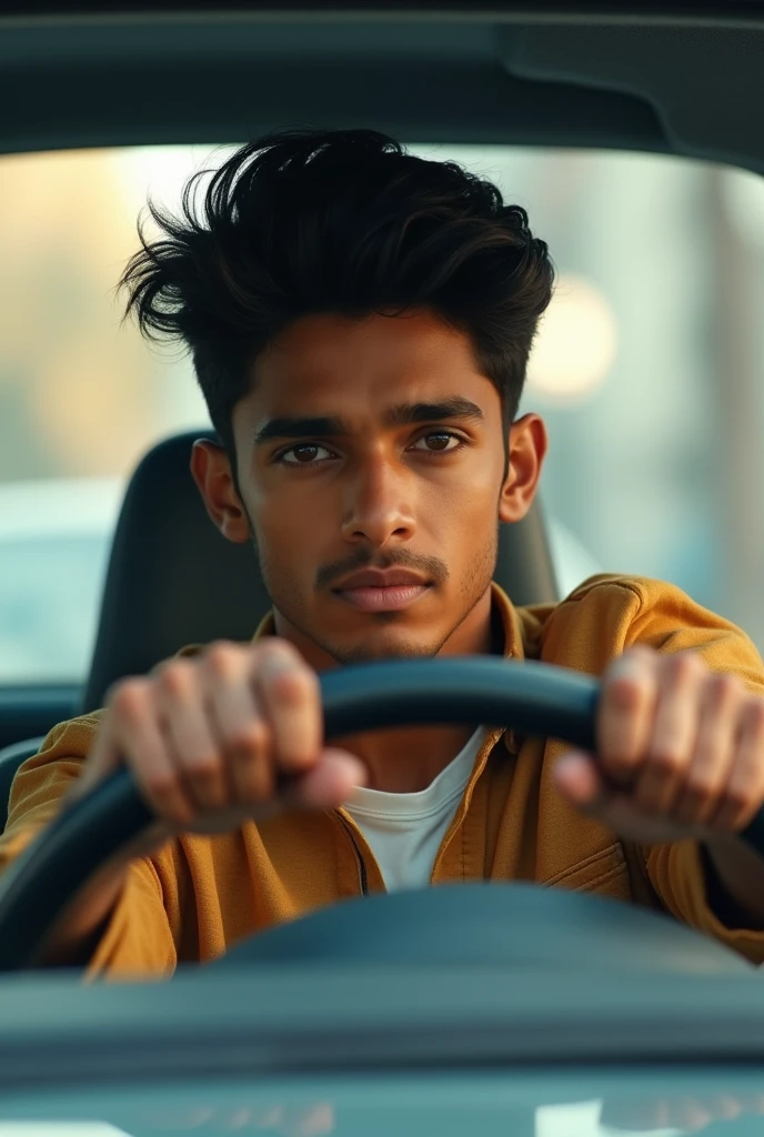 An indian handsum boy drive a car