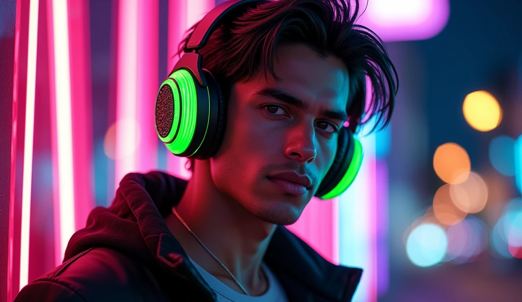 manga japanesse cartoon of a fluorescent green-black color. Light skin Indian male super model dj . Add green beats headphones, add the text ¨Rick D´Angle ¨ to the image , totally night view photo with ultra open wide lens photo technic, octane rendering, 8192k ultra hifi