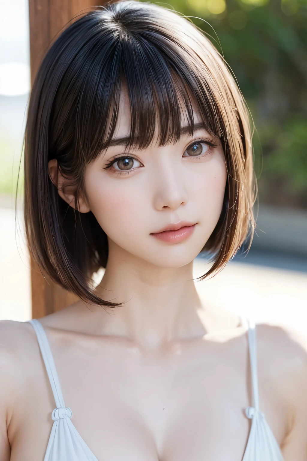 ((masterpiece, Highest quality, High resolution、Realisticですべてが美しく詳細に描かれている)), 1 person, (Realistic: 1.4), alone, White Background, snow-White Background, Mouth closed, smile, smile, Beautiful black hair, short hair, Big eyes, Transparent double eyelids, eyelash, Listen carefully, Long neck, 美しくLong neck, Absolute area, ((Face close-up)), (Draw the whole head, shoulder), 1, Attractive proportions, Glowing Skin, Beautiful clavicle, Golden ratio face, Perfect Face, Teardrop-shaped mole, chestのほくろ, bangs, clean bangs, beautiful bangs, Lip gloss, Thin lips, Fair skin, naked, Big Breasts, {Huge|big|Hugeな|Mega} chest:2, chestの谷間:2,chestの谷間を見せる、Small face, Small face, All the heads are painted, shoulder all drawn, Point slightly above the camera