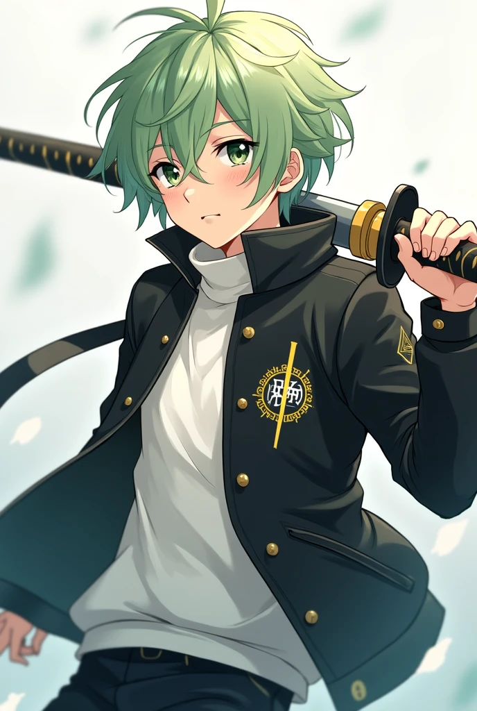 An 16 y/o anime boy with light green hair black jacket white under turtleneck and an Sword logo on his jacket and dual swords on his back