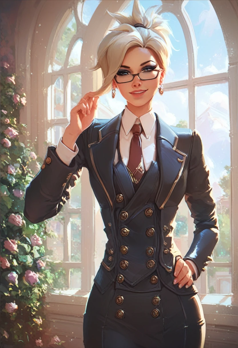 score_9, score_8_up, score_7_up, masterpiece, high quality
mrcy, short hair, high ponytail, (((double-breasted suits))), 1girl, glasses, formal, jewelry, suit, necktie, earrings, jacket, shirt, standing, window, jacket, shirt, skirt, makeup, smile. portrait