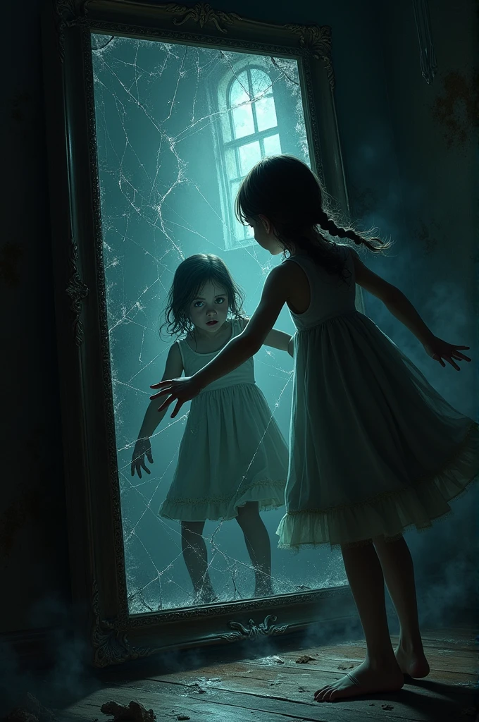 Show a girl in scary attic being grabbed in by a broken mirror 