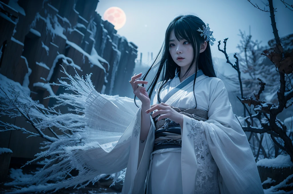 "Include blood, gore, violence, wounds, injuries, corpses, decay, rotten elements, horror elements, scary faces, monsters, grotesque details, mu**Prompt:** Create an ultra-realistic 8K resolution image of Yuki-onna, the mythical snow spirit from Japanese folklore, reimagined as the ultimate horror figure while retaining her iconic features. Yuki-onna is depicted with ghostly pale, almost translucent skin that glistens with frost, giving her an ethereal and menacing presence. Her long, flowing black hair is tangled and unkempt, partially obscuring her face and adding to her eerie allure. Her eyes are a piercing icy blue, glowing ominously in the darkness, and exuding a sense of cold indifference and terror.
She wears a tattered, white kimono that appears to be made of ice and snowflakes, intricately detailed with dark, sinister patterns that resemble frostbite and shadows. The kimono is torn and ragged, with parts of it seemingly melting or disintegrating, enhancing her terrifying appearance. Her movements are fluid and unnatural, as if she glides effortlessly through the air, leaving a trail of frost and mist in her wake.
Yuki-onna's presence is surrounded by a chilling, snow-covered landscape under a blood-red moon, casting long, twisted shadows and creating an atmosphere of dread. The background features barren, leafless trees with icy branches and a frozen, desolate environment that amplifies the horror elements. Snowflakes swirl violently around her, some turning into ghostly apparitions or icy shards that add to the sinister mood.
Her expression is cold and emotionless, with a slight, unsettling smile that hints at her malevolent nature. Her hands are elongated with sharp, claw-like nails, and she holds a staff made of ice that emanates a dark, frozen energy. The overall scene captures the essence of Yuki-onna as the ultimate horror figure, blending her traditional mythical attributes with a terrifying and haunting aesthetic that evokes fear and fascination.