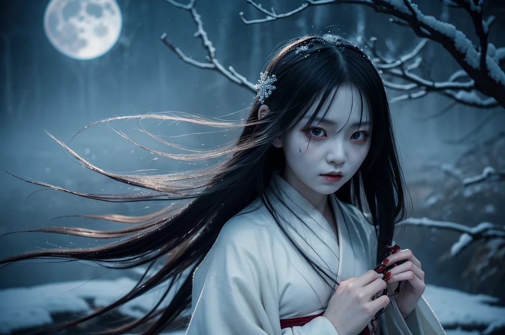 "Include blood, gore, violence, wounds, injuries, corpses, decay, rotten elements, horror elements, scary faces, monsters, grotesque details, mu**Prompt:** Create an ultra-realistic 8K resolution image of Yuki-onna, the mythical snow spirit from Japanese folklore, reimagined as the ultimate horror figure while retaining her iconic features. Yuki-onna is depicted with ghostly pale, almost translucent skin that glistens with frost, giving her an ethereal and menacing presence. Her long, flowing black hair is tangled and unkempt, partially obscuring her face and adding to her eerie allure. Her eyes are a piercing icy blue, glowing ominously in the darkness, and exuding a sense of cold indifference and terror.
She wears a tattered, white kimono that appears to be made of ice and snowflakes, intricately detailed with dark, sinister patterns that resemble frostbite and shadows. The kimono is torn and ragged, with parts of it seemingly melting or disintegrating, enhancing her terrifying appearance. Her movements are fluid and unnatural, as if she glides effortlessly through the air, leaving a trail of frost and mist in her wake.
Yuki-onna's presence is surrounded by a chilling, snow-covered landscape under a blood-red moon, casting long, twisted shadows and creating an atmosphere of dread. The background features barren, leafless trees with icy branches and a frozen, desolate environment that amplifies the horror elements. Snowflakes swirl violently around her, some turning into ghostly apparitions or icy shards that add to the sinister mood.
Her expression is cold and emotionless, with a slight, unsettling smile that hints at her malevolent nature. Her hands are elongated with sharp, claw-like nails, and she holds a staff made of ice that emanates a dark, frozen energy. The overall scene captures the essence of Yuki-onna as the ultimate horror figure, blending her traditional mythical attributes with a terrifying and haunting aesthetic that evokes fear and fascination.