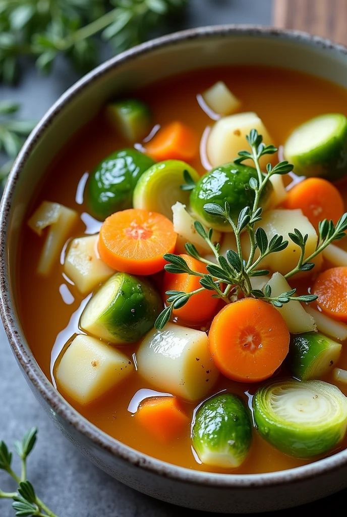 Bubble and Squeak Soup
Ingredients:
I onion-chopped
1 parsnip - chopped
I carrot - chopped
I cabbage - shredded
5 Brussels sprouts
1 teaspoon thyme leaves 800 ml vegetable stock
Salt and pepper
Pinch of nutmeg
Fry light low calorie cooking spray