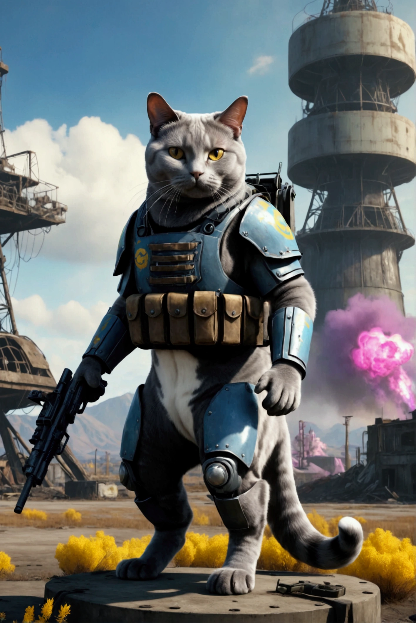 Create a cat breed (British lop-eared). Plain dark grey orcas. He stands on two legs, all in silophoth armor from the game fallout. with a machine gun in his hand. Against the backdrop of a nuclear post-apocalypse. Very colorful picture. 4k.
