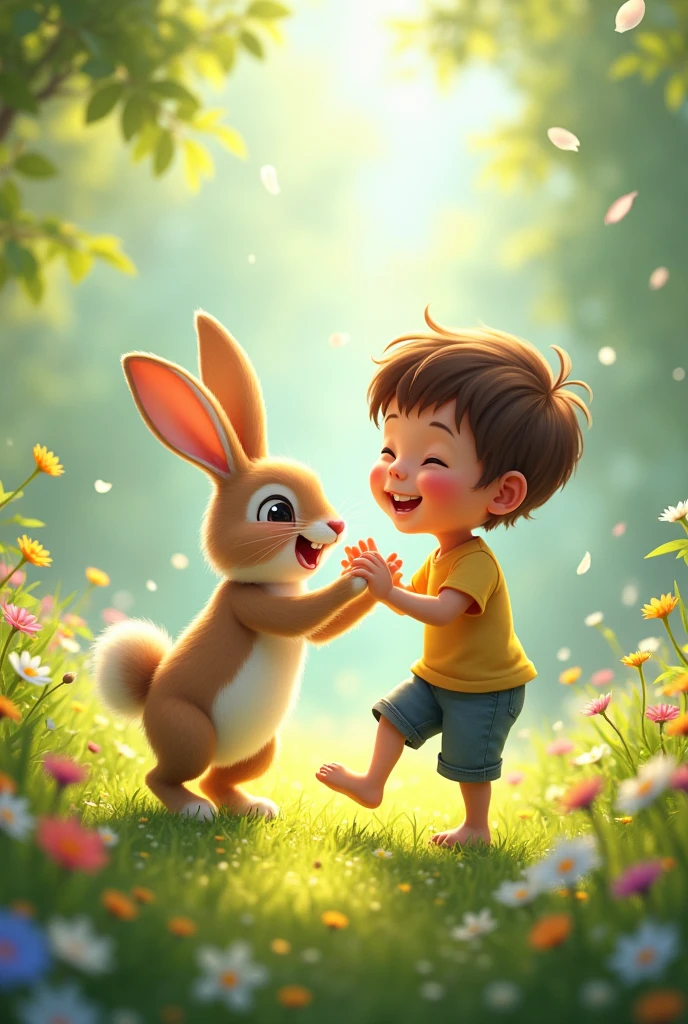 Boy and the rabbit joyfully playing together amidst the green grass and flowers.