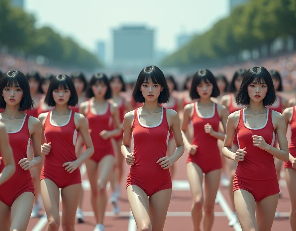 (No need for a center subject in the foreground), (Japanese Clone-girls=Myself), (Super Best masterpiece Clone-girls Raw Photography Art), (16K, Highest quality, Ultra-high resolution, RAW Photos), (It's so unrealistic., With unparalleled depiction, With an unfathomable sight, An unprecedented and shocking worldview, Clone-girls: In a world of mass reproduction, Ultra-realistic depiction), (Japanese Girls, Hamabe-Minami, ), (Small face, Thick black hair, Short Hair, Dark Eyes, Mature face, Cute Smile), (Serious expression), (Very beautiful and detailed girl, Accurate body structure, Accurate body movements, Very detailed body), (Super big breasts, Large bulge of ample breasts), (Track and field uniforms, Emphasise the fullness of your breasts), (Very detailed, Myself cloning, Depiction of splitting oneself, 1Myself girl→1,000,000,000,000,000,000,000,000,000,000Myself cloning girls), (Myself clone girlsは, With the same perfect appearance, to multiply in large numbers), (Very detailed depiction, Myself's multiplying female body, In the same female body,With the same face, With the same hairstyle, In the same clothes, At the same height, 同じSuper big breastsで, A completely indistinguishable female body, 1,000,000,000,000,000,000,000,000,000,000 people), (Myself girls only), (1,000,000,000,000,000,000,000,000,000,000Myself girls), Women's Marathon, Running depiction, Several groups formed, Spectating along the road, The players and the supporters are all Myself