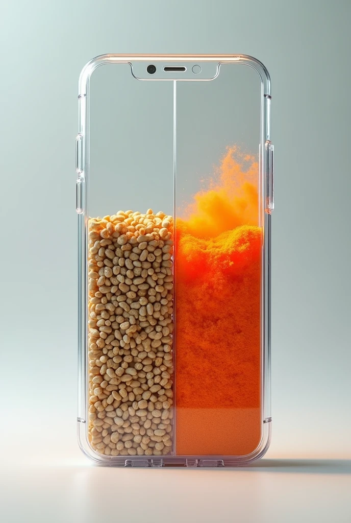 Transparent cell phone that shows pelleted animal feed on one side and orange powder on the other