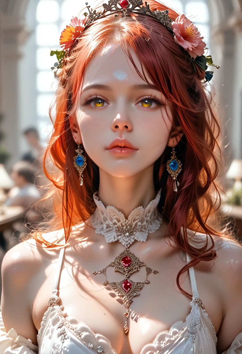 a woman with red hair, beautiful detailed eyes, beautiful detailed lips, extremely detailed face and features, long eyelashes, elegant dress, intricate floral crown, ethereal, flowing hair, magical, fantasy, dreamlike, (best quality,4k,8k,highres,masterpiece:1.2),ultra-detailed,(realistic,photorealistic,photo-realistic:1.37),cinematic lighting,vibrant colors,dramatic lighting