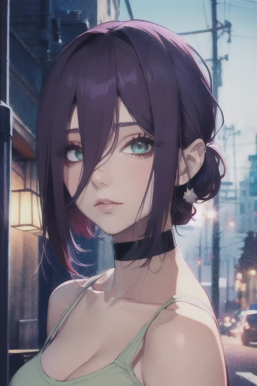 (Highest quality)、(Highest quality)、cut、Chainsaw Man、cute、(choker).eyes are emerald、Her hair is purple、Short Bob、Beautiful night view、whole body、detailed、強力なdetailed、cut、((jealousy)).