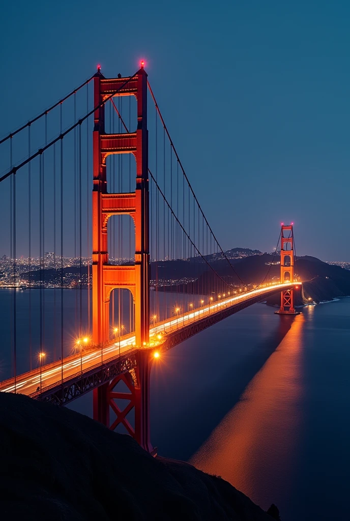 The Golden Gate Bridge with the city of San Francisco in the background at night