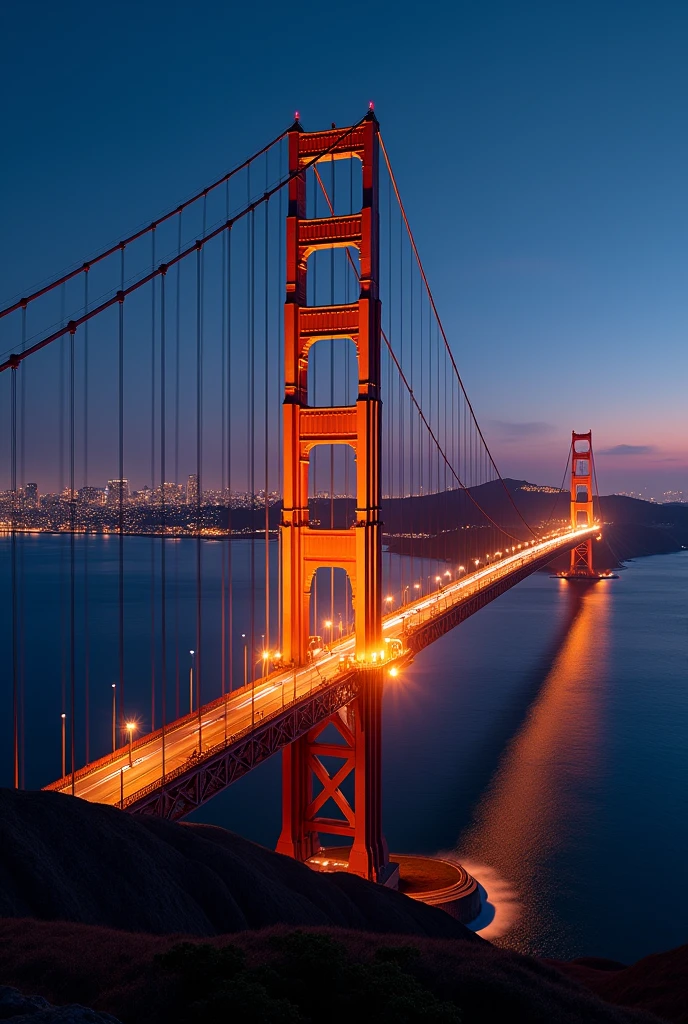 The Golden Gate Bridge with the city of San Francisco in the background at night