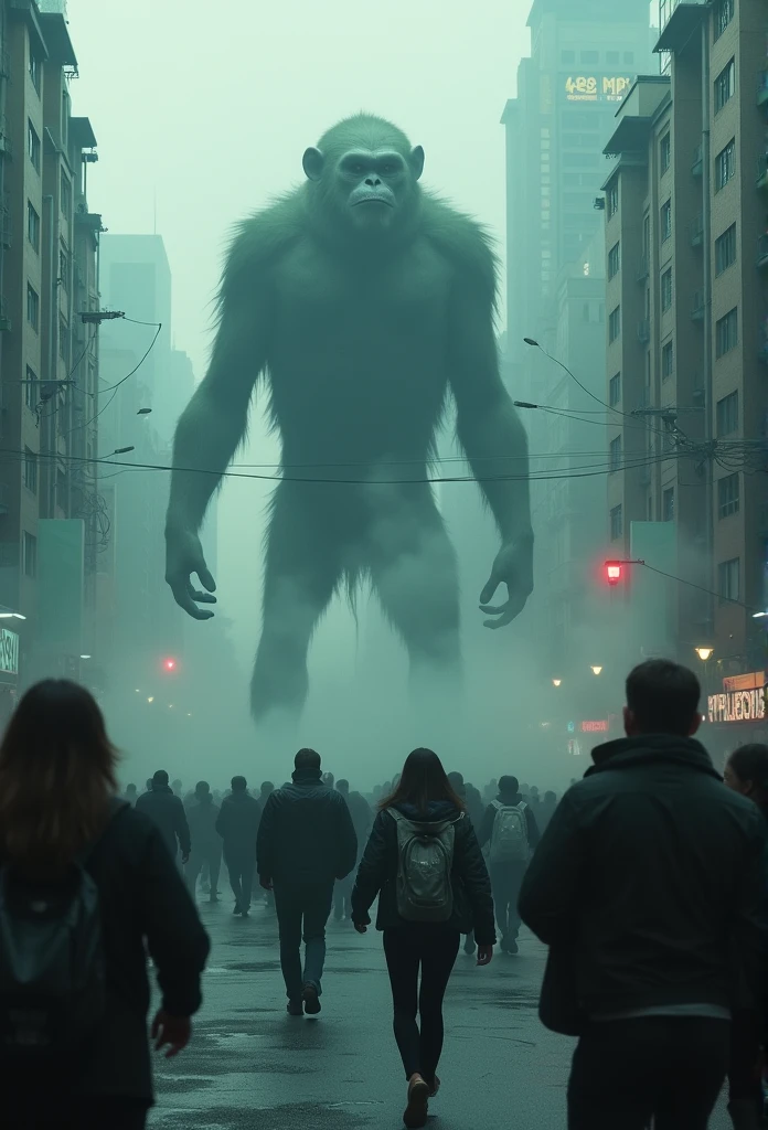 horror scene from a movie, many giant tall scary monkey figures semi transparent apparitions floating and flying, smoke on the floor,  in city street, busy crowd running away