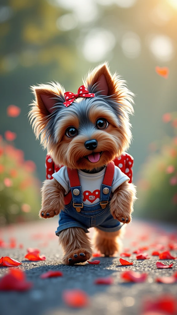 (photorealism:1.2), cute adorable Yorkshire Terrier puppy with a black-blue coat, lighter shades on face and paws. Her fur is long silky and smooth, wears two small red bows with white polka dots on her head, and a jeans salopette with white T-shirt and colorful backpack, walking on runway. The puppy has sparkling eyes and a cheerful, slightly open mouth