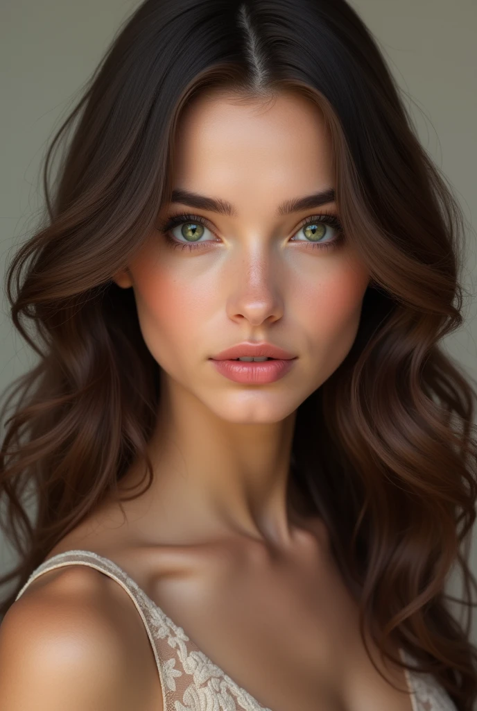 Create a portrait of a young woman with long, wavy brown hair and striking green eyes. She should have full lips, defined cheekbones, and flawless skin. The woman should have a subtle, alluring smile and be looking directly at the camera. The overall style should be photorealistic.