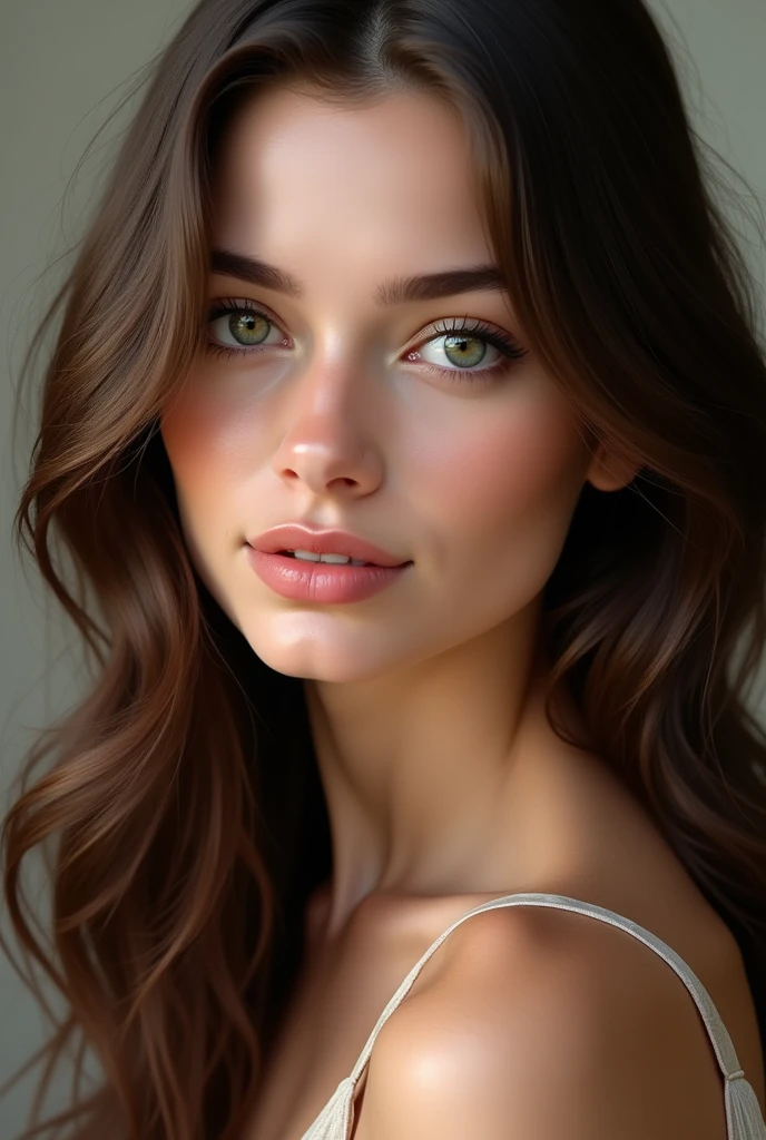 Create a portrait of a young woman with long, wavy brown hair and striking green eyes. She should have full lips, defined cheekbones, and flawless skin. The woman should have a subtle, alluring smile and be looking directly at the camera. The overall style should be photorealistic.