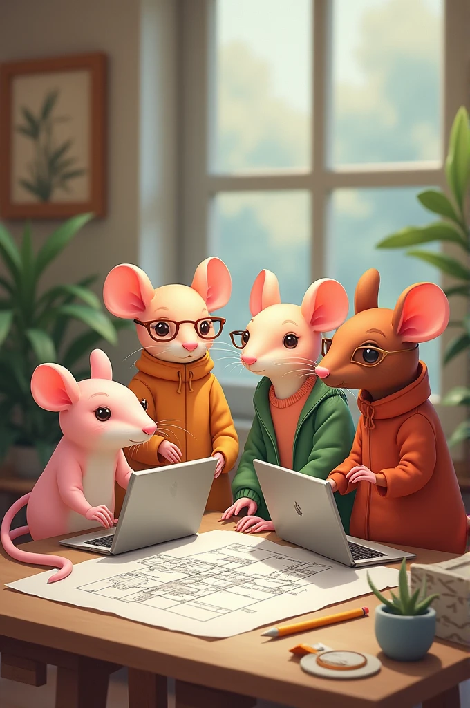 can you create a pic of 4 rats as if they r interior designers w laptops and plans, all of them r girls , make them cute each of them should be the color from light to dark
