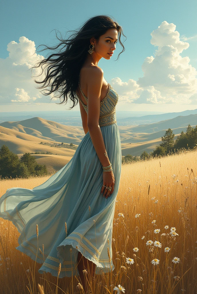 Like a detail painting and breath pro-style watercolor wash and wax style art, Rural serenity consept, breathtaking craftmanship, dynamic movement postural poses, magnific view,infinity aesthetic composition, black long hairs symphony,Deep breath pro-style dress made with tintriguing, striped, striked rope, lines, fligree, chiaroscuro shadow,innovative lights effects By Eve Ventrue, perfect looking, flirty, attractive, pretty, Coherence perspective, charmed, expressive,