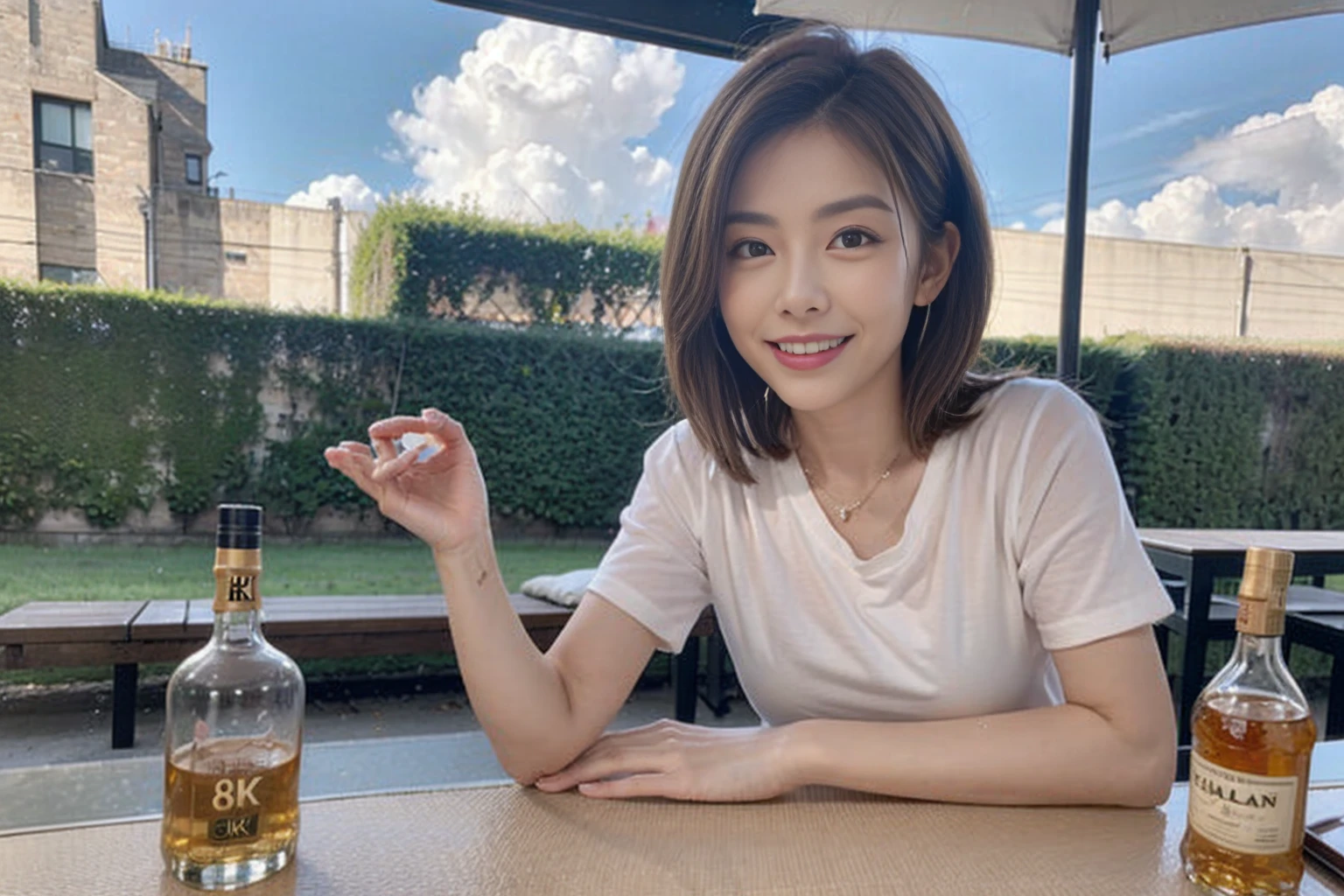 ((Highest quality、8k、masterpiece:1.3))、Whiskey bottles、The Macallan、Joni Black、Old Parr、whiskey、Suntory、Nikka、Slim Couple、modelカップル、(Realistic, Intricate details:1.2), full-course dinner、Whiskey bottle and glass on the table、Single Malt、scotch、Rocks glass、Shot Glass、On the rock、Scotland、Amazing view of the sunset sky and clouds、A bright smile、Short sleeve shirt、dress、 (Age 44), 3,Two beauties、Brown Hair、Shortcuts、 actress, model, Upper Body,