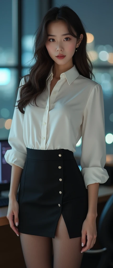 ((masterpiece, best quality)), high resolution, detailed skin, white skin, young beautiful korean woman in suit including black micro mini skirt, white blouse and heels, full body female, sheer black pantyhose, slim and long beautiful legs, super skinny long legs, pantyhose, transparent black pantyhose, perfect legs, A skirt that almost shows your butt, skinny, tall, Tempting with captivating eyes, full body in frame, An office with a blurry view of the city nightscape outside the window, Showing off the slender lines of her legs, The buttons on the blouse are undone.