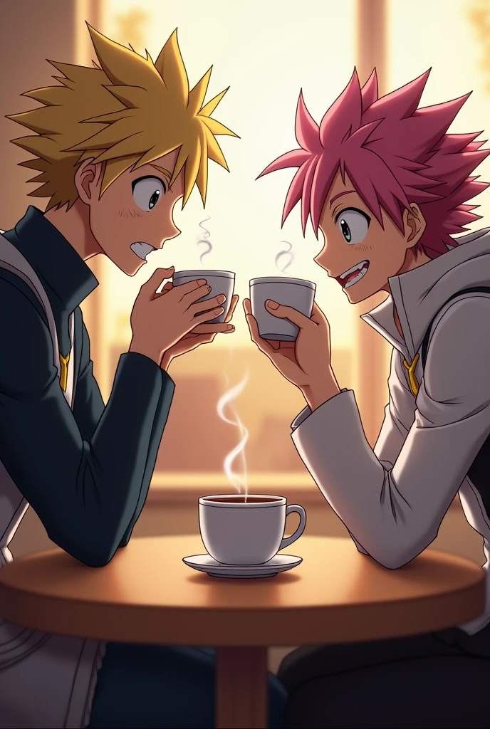 Asta from Black Clover drinks coffee from Natsu from Free Tail together while they are talking to each other