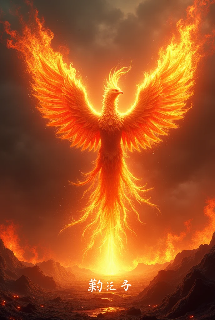 The Phoenix also known as the Fenghuang has a divine figure with a body made of beautiful flames, the whole area is in great flames and raining fire, burning everything down and starting all over again, the ruler of reincarnation and eternity, behind it a pitch-black space will be left and everything will burn up, a dazzling light will remain and a new life will begin with name written on the bottom. "BETO" with drips fonts. Tipography, bioluminicent