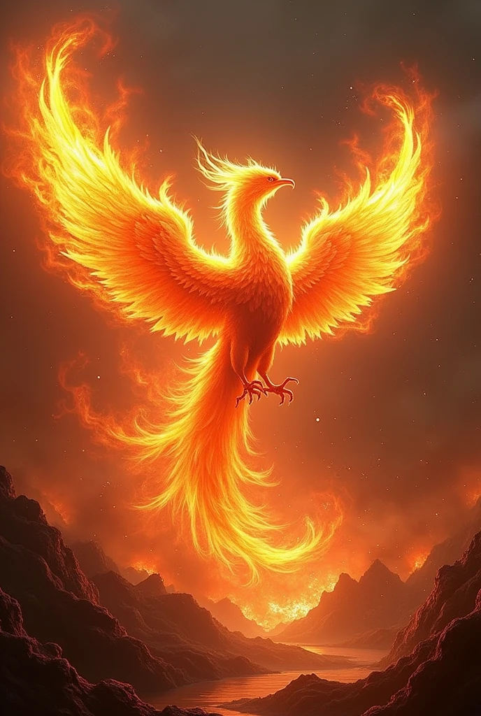 The Phoenix also known as the Fenghuang has a divine figure with a body made of beautiful flames, the whole area is in great flames and raining fire, burning everything down and starting all over again, the ruler of reincarnation and eternity, behind it a pitch-black space will be left and everything will burn up, a dazzling light will remain and a new life will begin with name written on the bottom. "BETO" with drips fonts. Tipography, bioluminicent 