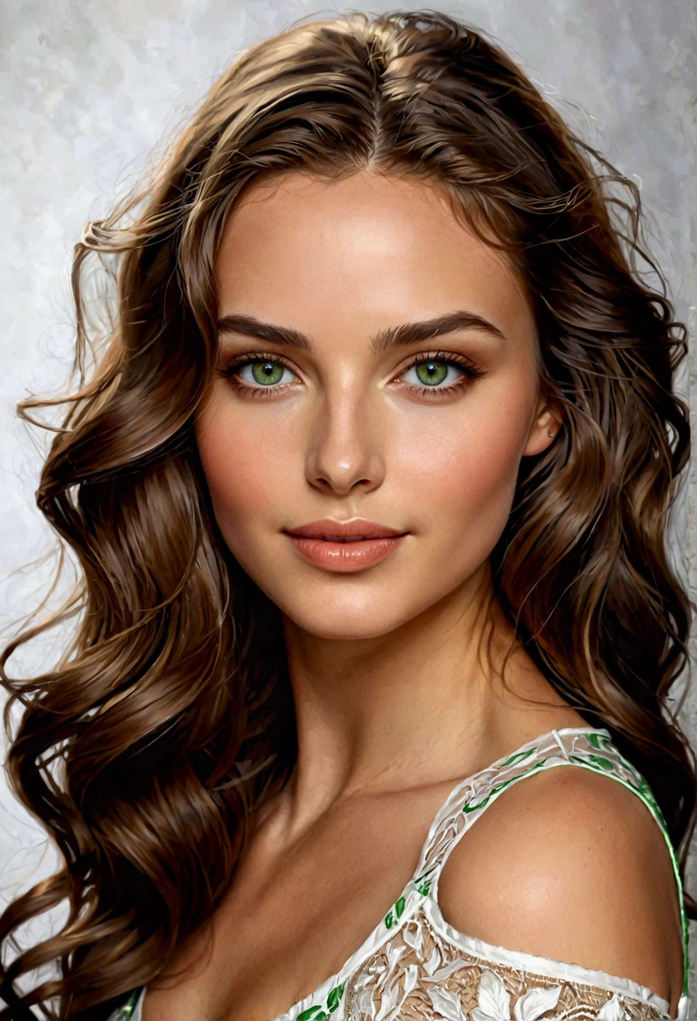 Create a portrait of a young woman with long, wavy brown hair and striking green eyes. She should have full lips, defined cheekbones, and flawless skin. The woman should have a subtle, alluring smile and be looking directly at the camera. The overall style should be photorealistic.