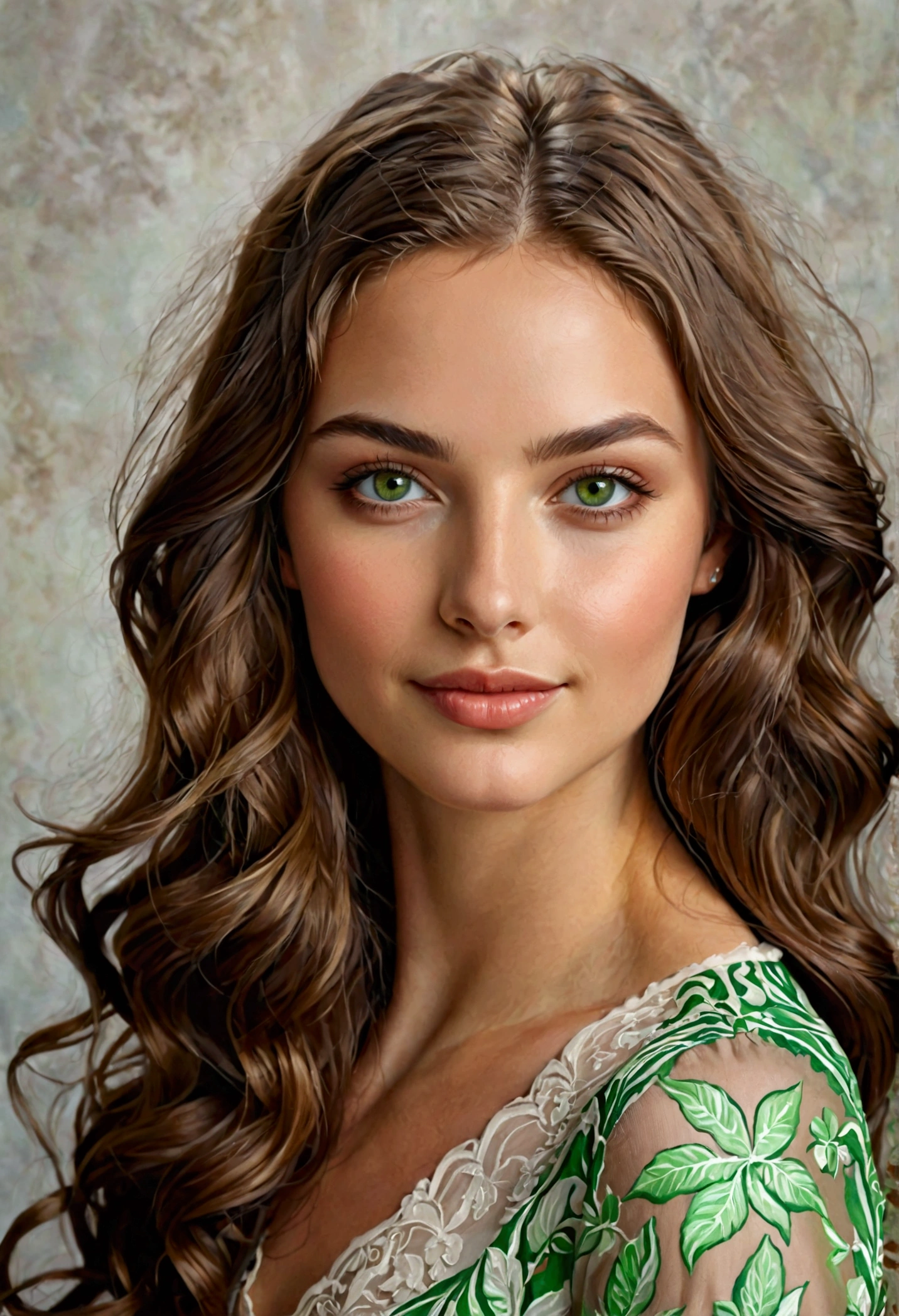 Create a portrait of a young woman with long, wavy brown hair and striking green eyes. She should have full lips, defined cheekbones, and flawless skin. The woman should have a subtle, alluring smile and be looking directly at the camera. The overall style should be photorealistic.