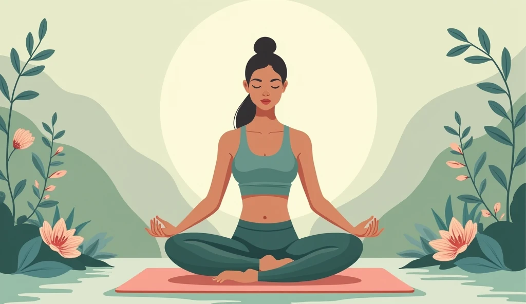 text “Find Your Balance, Live Your Best” in a clean, modern font, A serene background with soft, natural elements like flowing greenery, flowers, or gentle waves, balanced mix of wellness items like a yoga mat, serene moments of self-care, Incorporate imagery of a woman practicing yoga or meditation in nature. Earthy tones like sage green, soft blues, and muted pinks to create a calming effect.