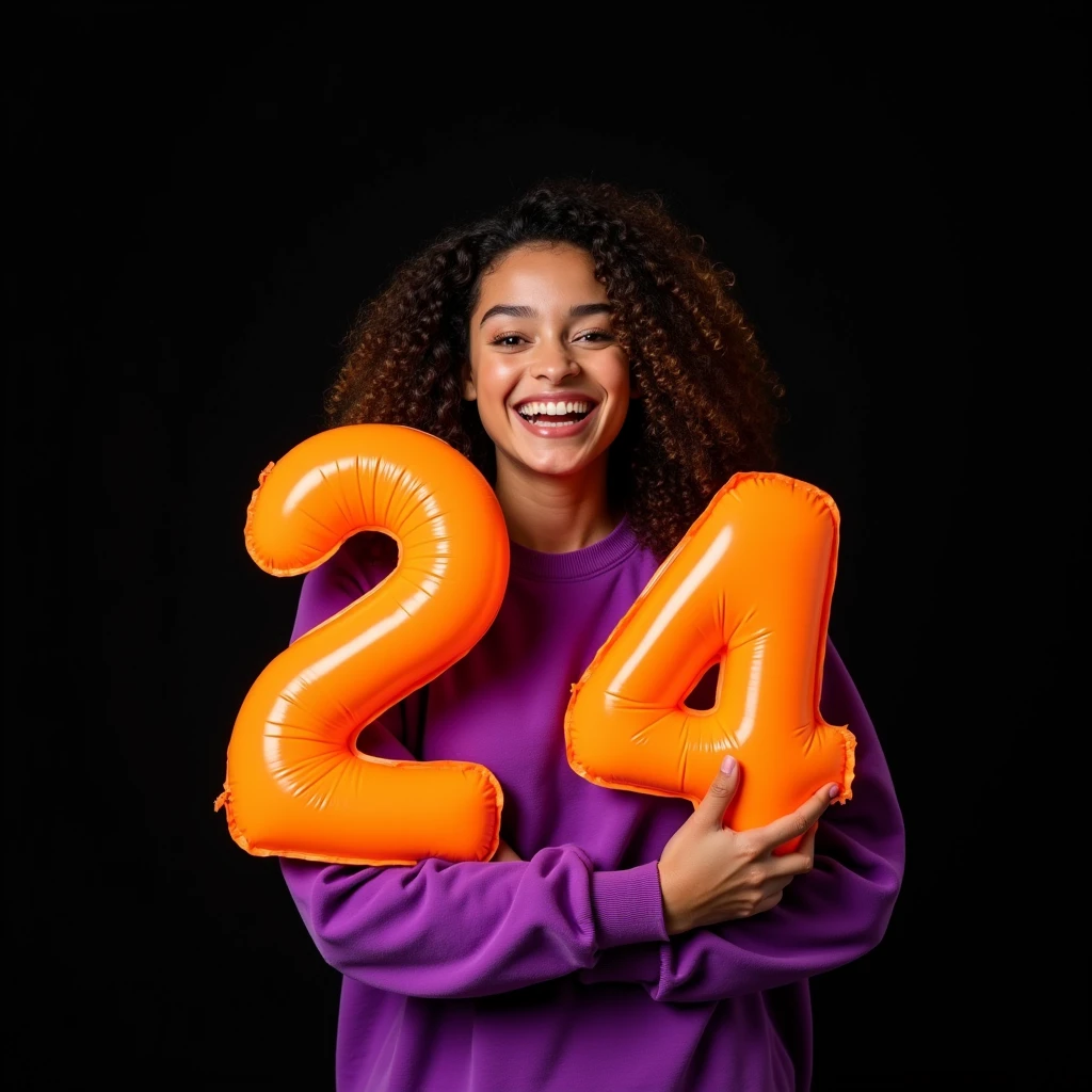 happy fashionable girl age 24 in bright purple sweatshirt, hugs tightly the voluminous inflated numbers 24 in orange, Black background, The girl has curly hair, backlighting separating the girl from the background
