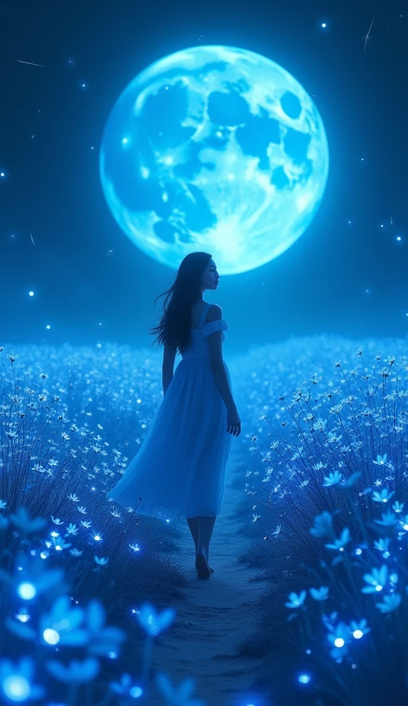 ((masterpiece)), best quality, High quality, ultra-detailed, 1024k UHD wallpaper, ultra-high resolution, depth of field, dreamlike, illustration, intricate, Professional, Vivid colors, soft, High saturation, sharp focus, Lens flare, (extremely detailed CG 1024k wallpaper), Best Details, Ultra HD Photo, (1girl), Walking in the Night, Bioluminescene, Blue flowers field, Big blue Moon, blue fireflies, blue star, (Night), (Beautiful Amazing Background), (blue Glitter particles), (blue shimmering Effect), (light pastel), pastel, nijijourney, 