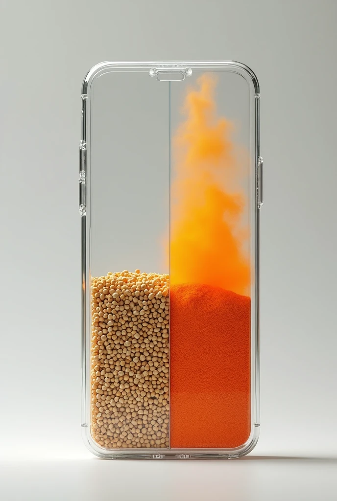 Transparent cell phone with pelletized animal feed on the front and orange powder on the other side
