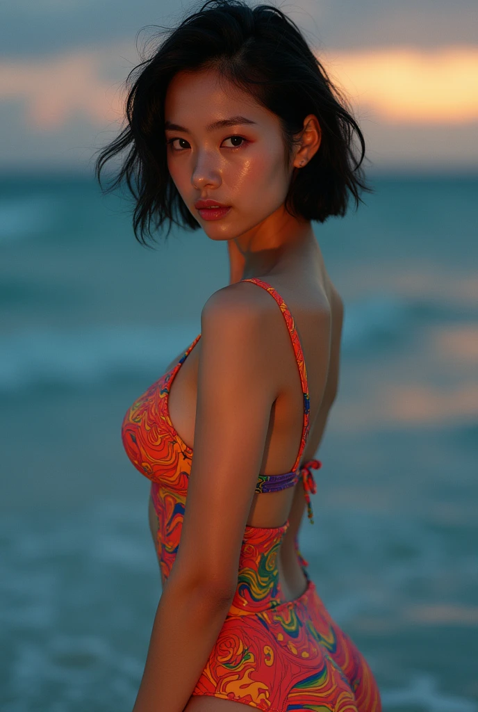 masterpiece, (Highest quality), 8k,(((Very detailed))), Race:1.8, Super intricate Race pattern, colorful Race pattern, Colorful transparent body, Shooting in the studio at dusk, 1 female, Swimwear, Open Back, , Japanese, sultry body with セクシー belly, Sexy girl, Young sensual elegance, Sexy body, Sexy look, Very Short Hair, Wavy Hair, Shooting in the studio at dusk, Are standing, Intelligent face, Look away, rather thin waist, Large Breasts、Smile a little, Open your mouth a little, EOS 50mm F2, Blur the background, Lighting the face, Painting-like pose, Beautiful body lines,