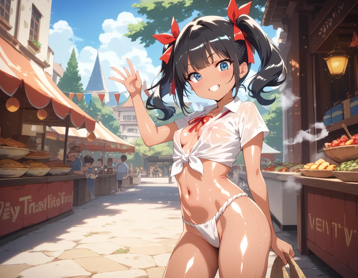 NSFW,(masterpiece, Highest quality:1.2), (((masterpiece))), (((best quality))), ((ultra-detailed)), (illustration), One girl,skinny,straight waist,Small breasts,big butt,blue eye,Twin tails,,Black Hair,Red ribbon,(Shiny skin:2),(chibi), looking at viewer,(blush),,wide eyes,Grit your teeth,(Wet),stall,Festivals,(steam:1.3),fundoshi,,tan,tied shirt,handstanding,