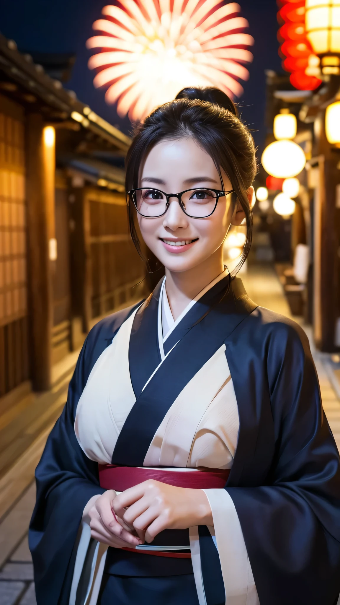 (Super beautiful woman in kimono)、((highest quality、8K masterpiece:1.3))、sharp focus:1.2、(super beautiful face:1.0)、(shiny skin:1.0)、realistic pictures、black hair、video lighting、High resolution eyes and face、video lighting、japanese actress、from the front、big breasts、with a happy smile、Slender abs beauty、whole body、wearing a kimono、in Kyoto、(((luxury obi)))、In Kyoto at night、wearing glasses with no edge、with a fan、Fireworks Display
