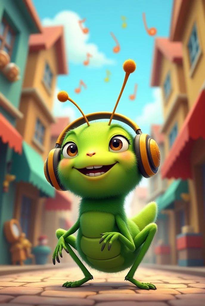 gree Bug listen music use head phone and happy feeling . Music town background