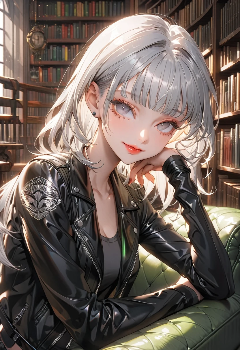 The background is the library(Highest quality,Very detailed,High resolution:1.2),Slim albino girl，Gray-haired berry shorthair,gray bangs，very_Long eyelashes, Detailed lips, Smile coolly, Soft Skin, Shiny Hair,Exquisite makeup,Sitting on the couch，Wearing a leather biker jacket