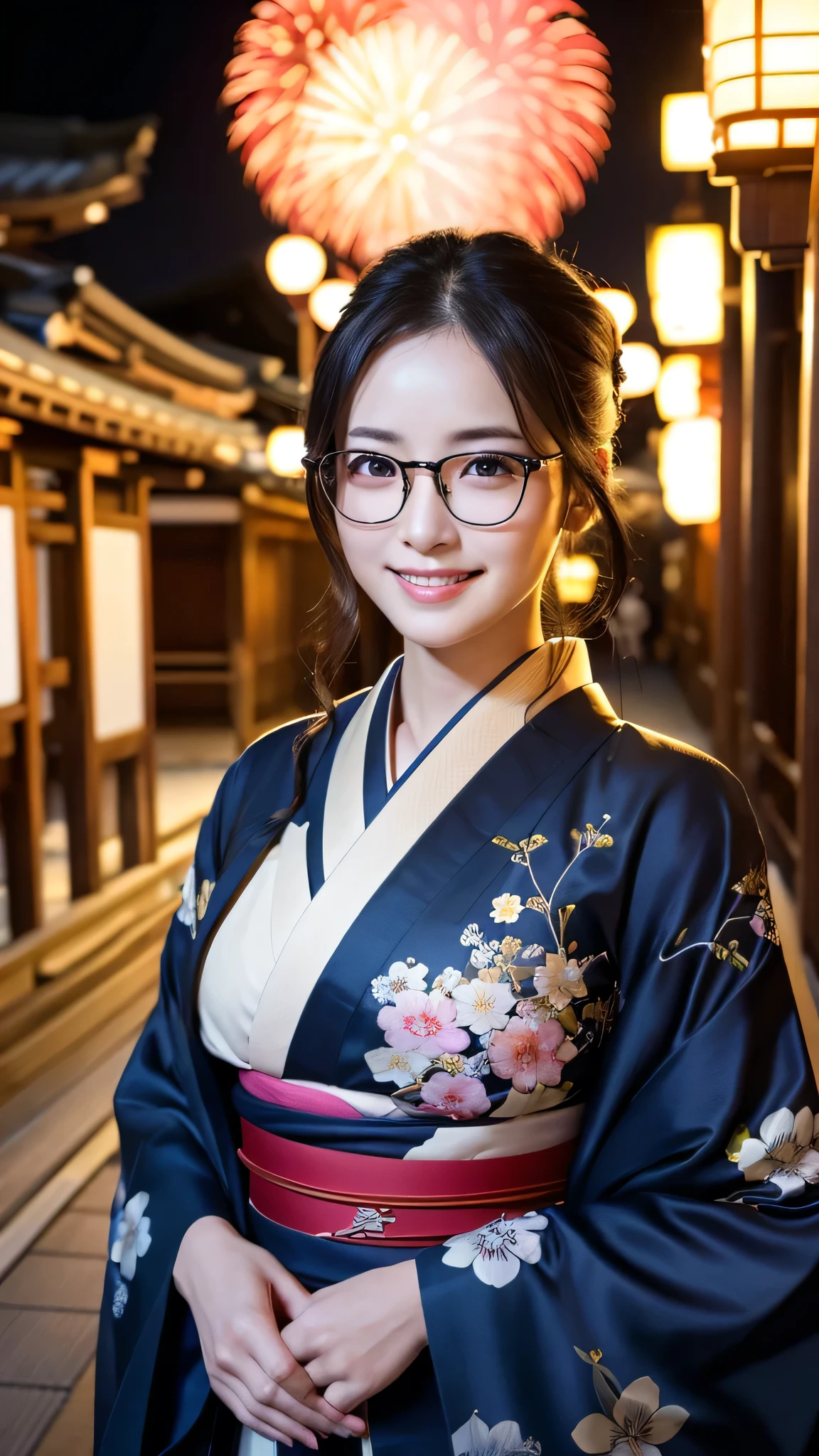 (Super beautiful woman in kimono)、((highest quality、8K masterpiece:1.3))、sharp focus:1.2、(super beautiful face:1.0)、(shiny skin:1.0)、realistic pictures、black hair、video lighting、High resolution eyes and face、video lighting、japanese actress、from the front、big breasts、with a happy smile、Slender abs beauty、whole body、wearing a kimono、in Kyoto、(((luxury obi)))、In Kyoto at night、wearing glasses with no edge、with a fan、Fireworks Display