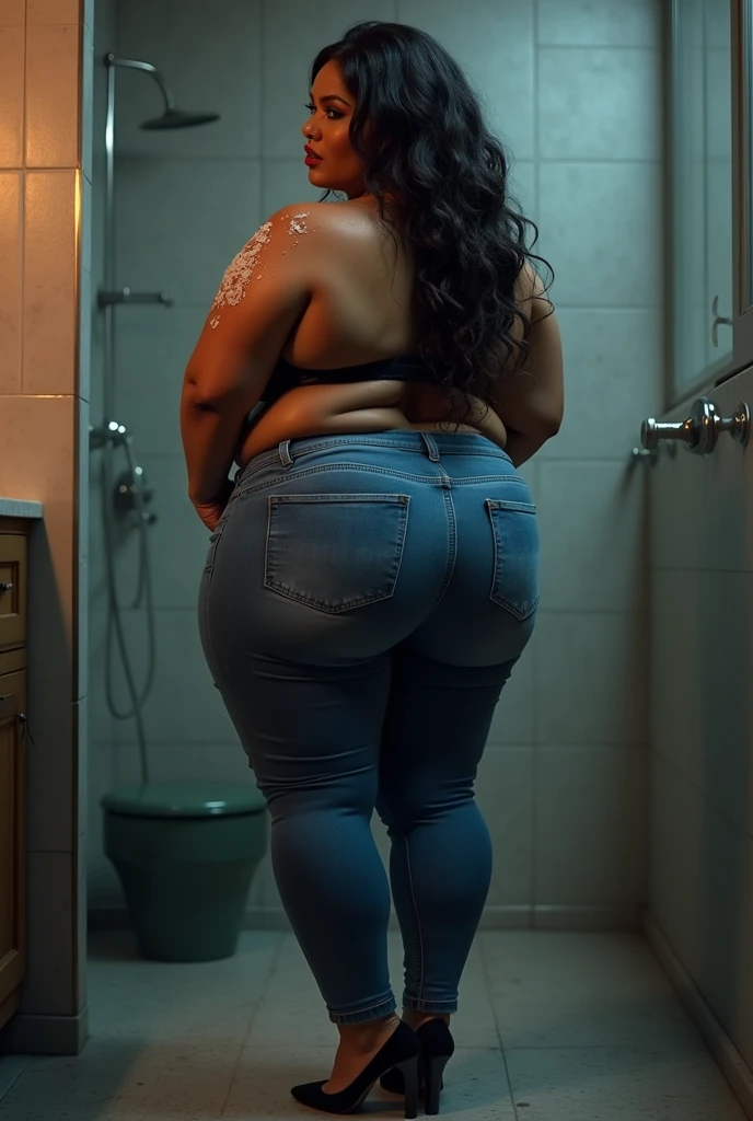 Bbw full body back view big booty in blue jeans fat thighs high heel shoes all wet with cum taking shower