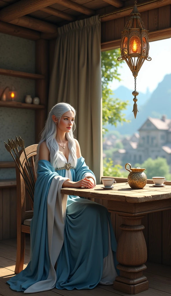 Full-body portrait. A beautiful silver-haired elven woman. who is carrying a bow and arrow in blue and white clothes. is sitting at a wooden dining table. Drinking from a wooden cup. The background of a simple house full of shiny brown wood in an elven village. The background of the house is a beautiful fairy village. This scene is a very detailed and professional 3D digital art. Masterpiece