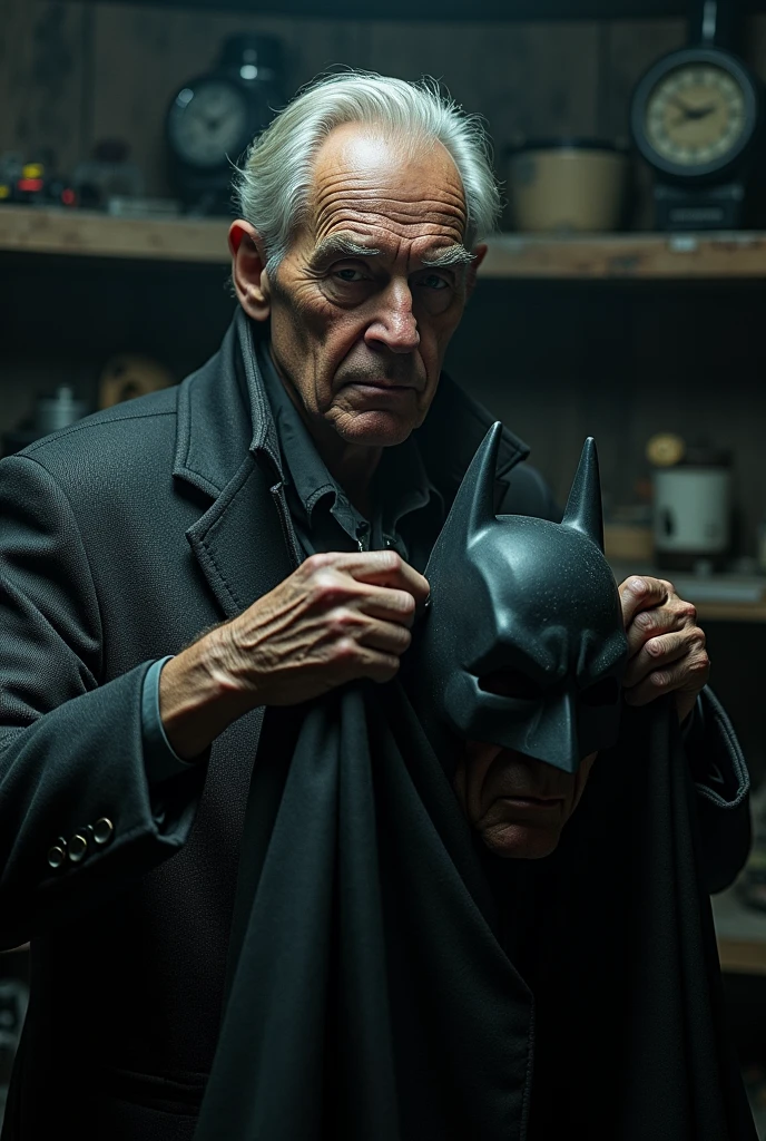 Character: Old Batman (Bruce Wayne)
Motion: Batman removes his cowl, revealing an aged Bruce Wayne with deep wrinkles and a weary expression. He places the cowl on a shelf filled with old gadgets.
Background: The Batcave, dimly lit, filled with old and unused equipment.
Narration: "Once a protector of the night, now a shadow of his former self."