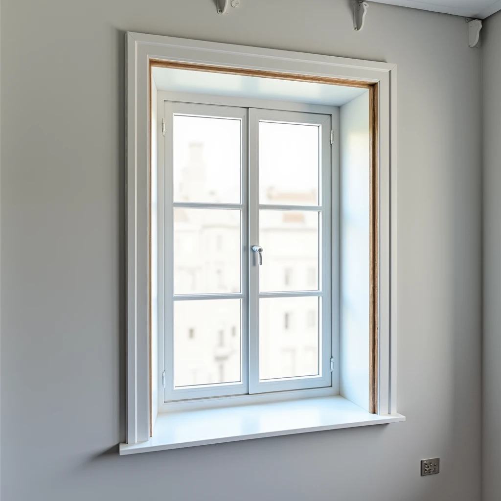 A professional and realistic image showcasing the finishing of window slopes (reveals) around a three-sash window using sandwich panels. The image focuses on the precise installation of the sandwich panels, creating a sleek, clean finish that integrates seamlessly with the three-sash window frame. The panels are perfectly aligned, enhancing the insulation and modern appearance of the window. The scene is well-lit, emphasizing the quality and attention to detail in the craftsmanship, reflecting the expertise and professionalism of the window installation and finishing services.