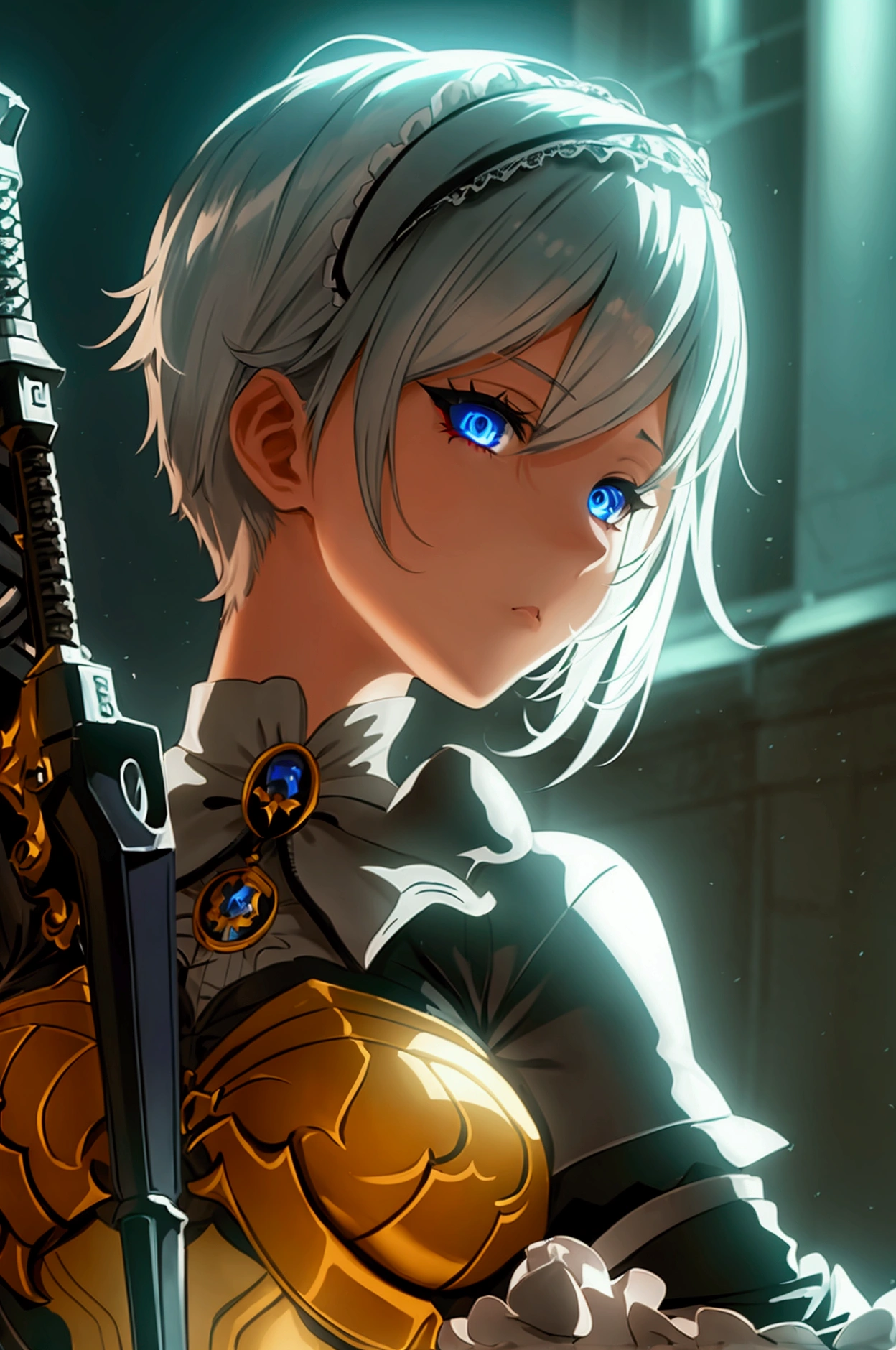 one girl, dynamic pose, extremely detailed, simple colors, holding weapon, battle maid, beautiful, anime style, psychopath like theme, short white hair, full body, intricate details, dramatic lighting, cinematic composition, high contrast, vibrant colors, chiaroscuro, digital art, concept art, masterpiece, hyper-realistic, 8k, HDR,, detaled outfit, show full body