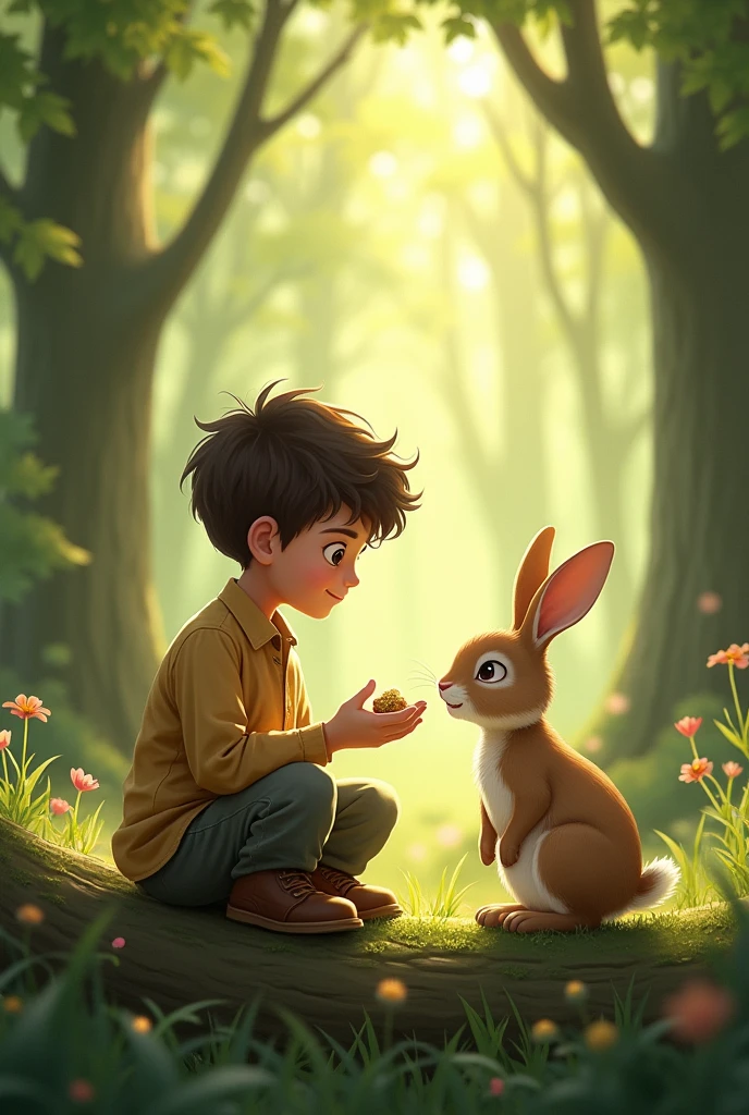 Boy and the rabbit becoming friends, meeting daily in the forest