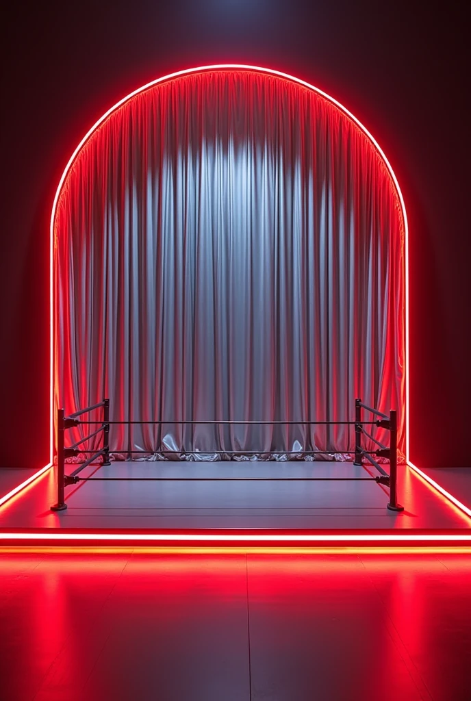 Arched rectangle with silver metallic party curtain and red LED light edge and in front a handmade wrestling ring, for streaming show 