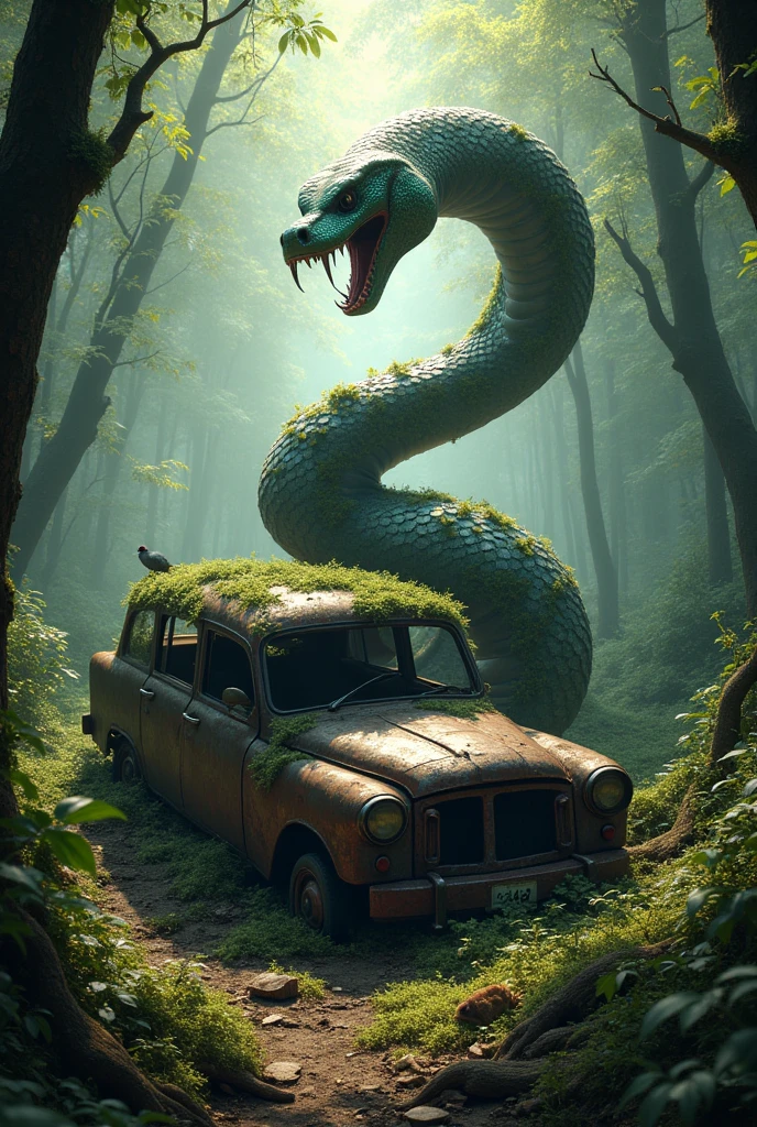 Giant snake wrapped around car wreck in the middle of the forest