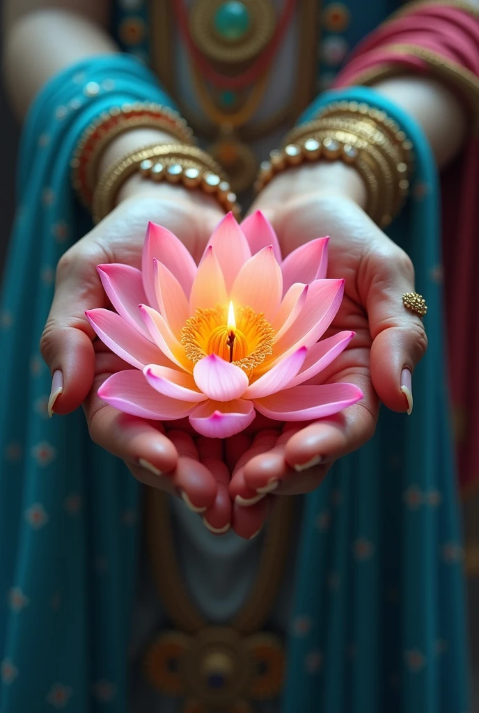 Generate a image of lord krishna only his hands, with his palms holding a lotus in it
